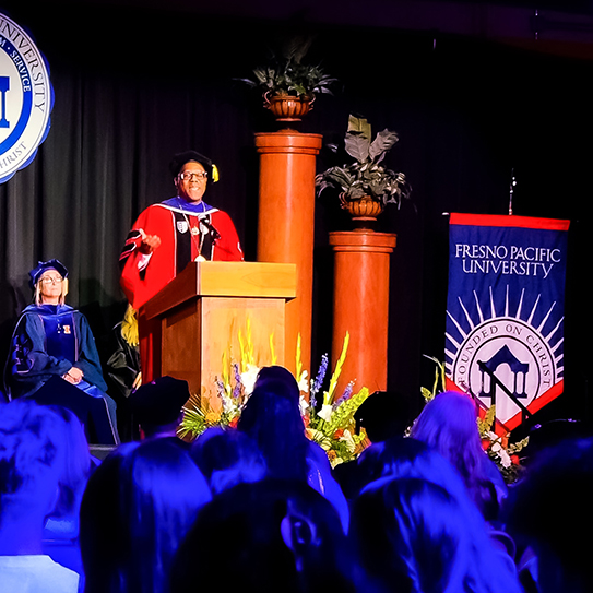President Andre Stephens addresses students at the 2025 Convocation