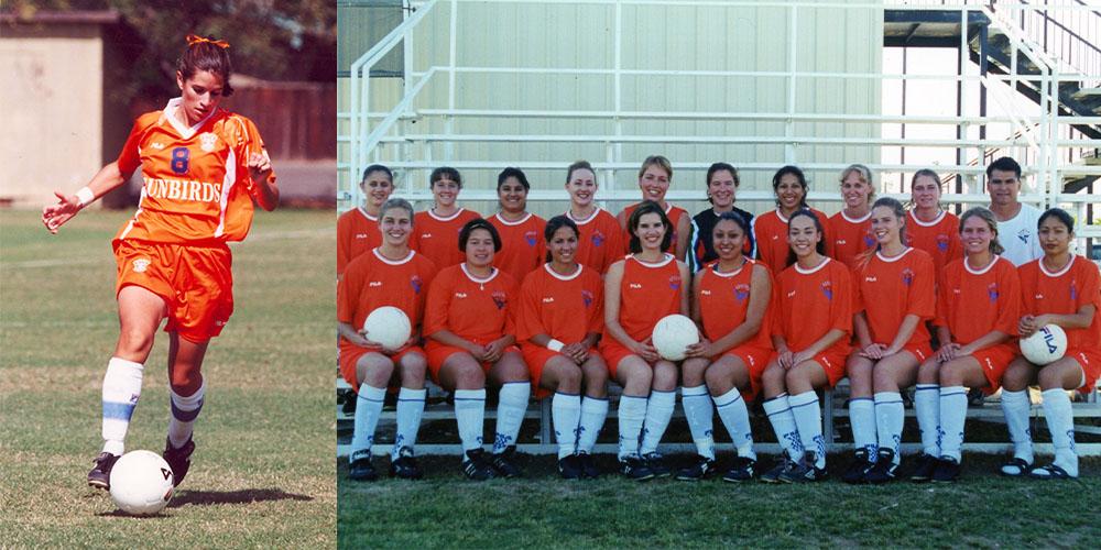 Erin Obwald playing soccer and team photo collage