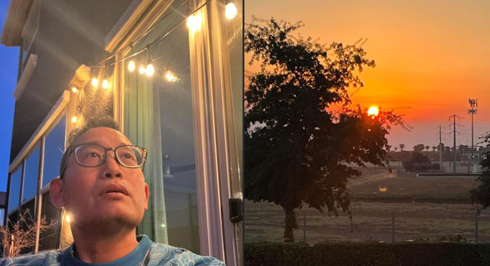 Collage image of figure looking upwards on the left and a sunrise on the right