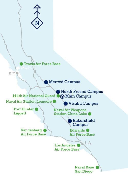 California map of military bases and FPU campuses