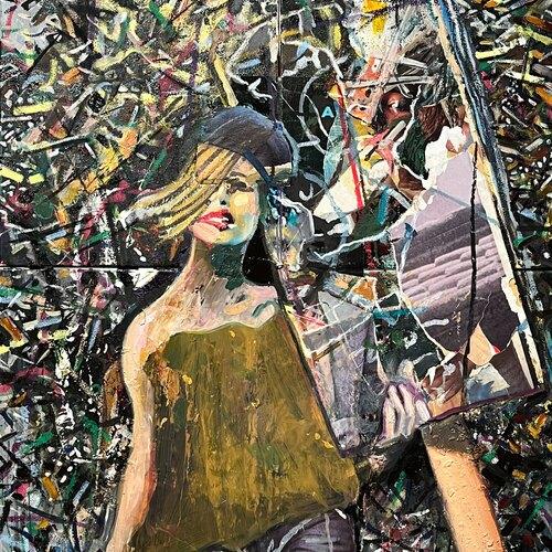 Mixed-media artwork depicting two abstract figures surrounded by dense layers of colorful marks, collage fragments and dark lines.