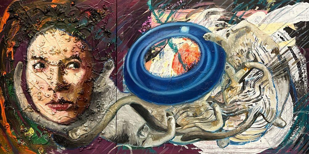 Mixed-media artwork depicting a textured face beside an abstract figure curled around a large blue screen.