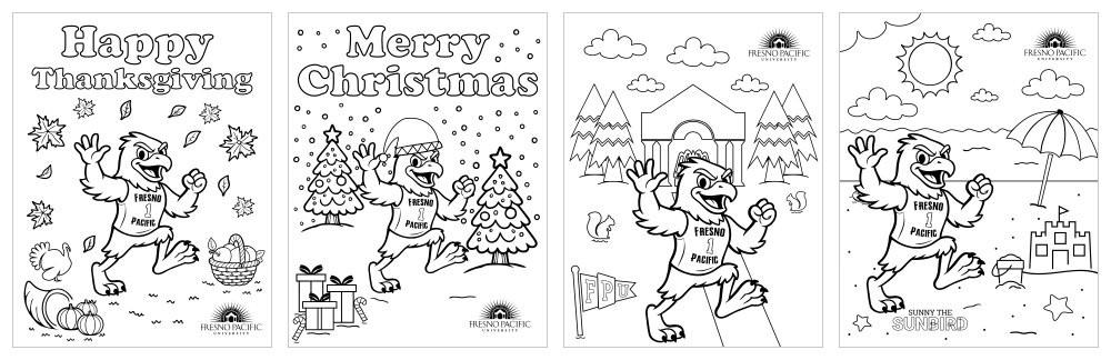 Sunny the Sunbird coloring pages: Thanksgiving, Christmas, FPU campus and beach