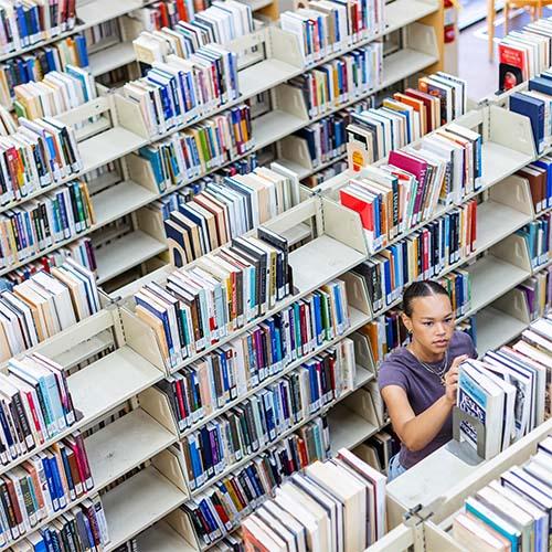 Image of student looking at books in a library