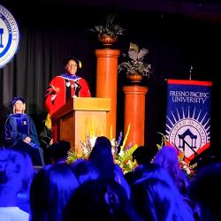 President Andre Stephens addresses students at the 2025 Convocation