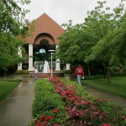 Image of students walking by fountain