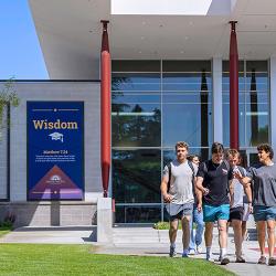 Students in front of the Warkentine Culture and Arts Center at Fresno Pacific