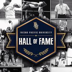 Fresno Pacific University Hall of Fame graphic surrounded by black-and-white photos of former student-athletes and coaches.